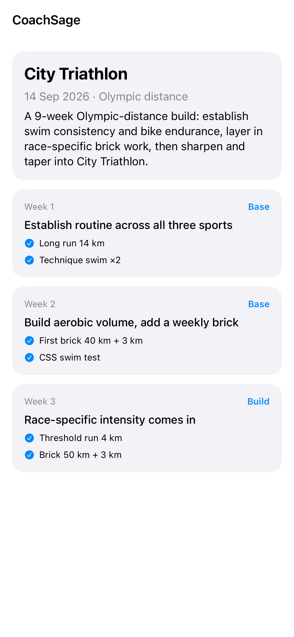 Goal plan for a 10km race showing the overview and week-by-week periodised block